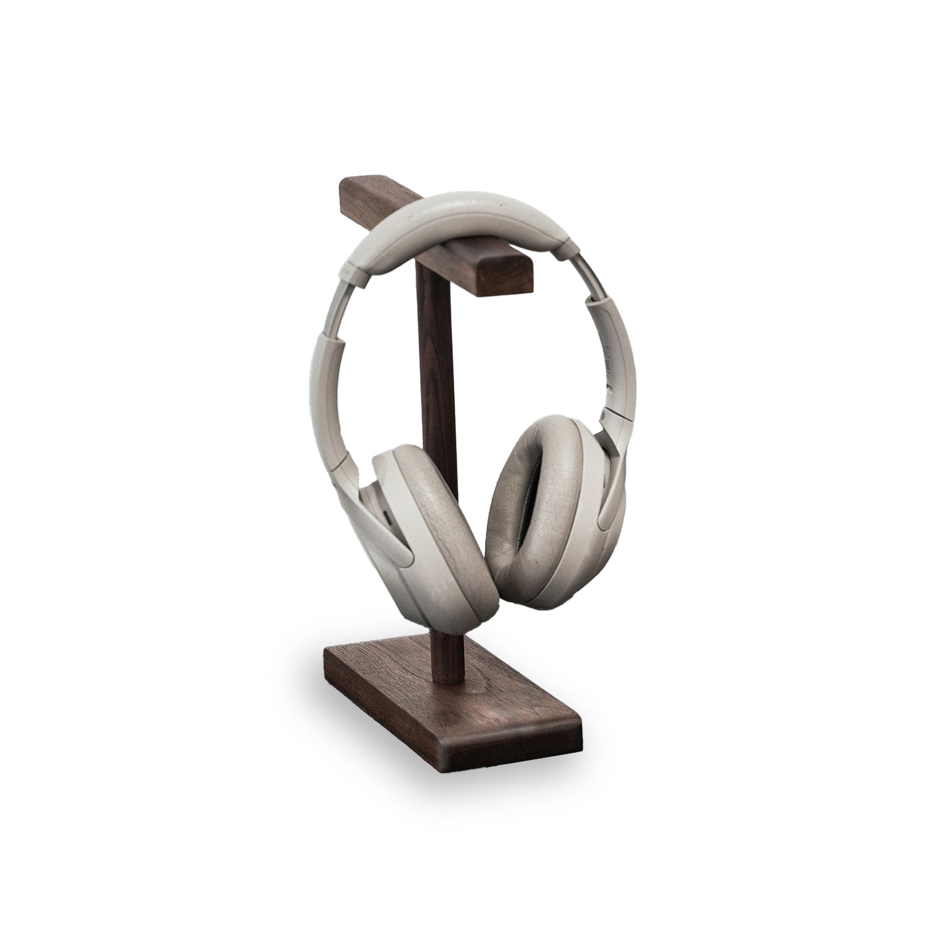 Solid walnut headphone stand with overear headset