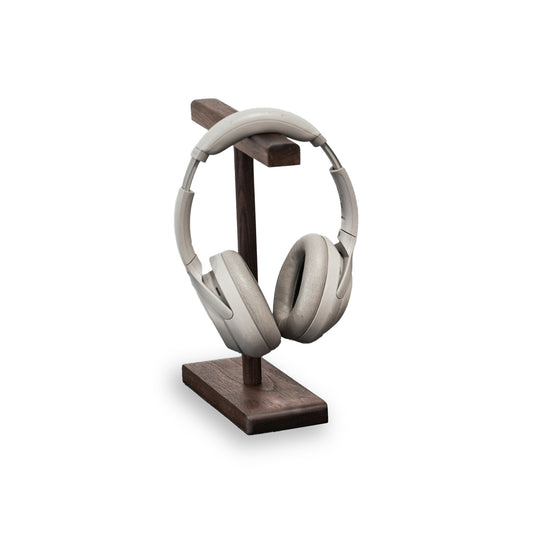 Solid walnut headphone stand with overear headset